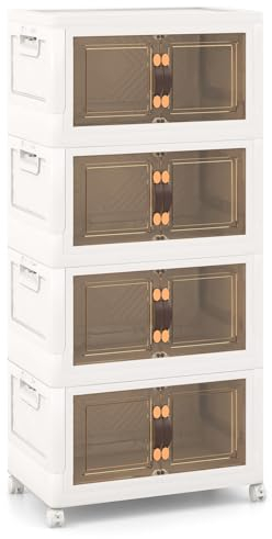 Multigot Folding Shoe Storage Box, 3/4/5 Tier Stackable Shoe Organizer Containers with Lid & Doors and Lockable Wheels, Collapsible Plastic Storage Bins Cabinet (49 x 31 x 112cm, 4-Tier)