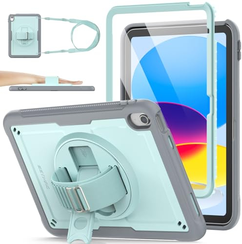SEYMAC stock Funda para iPad A16 11/10.ª Generación 11/10,9“ 2025/2022, Frosting-Anti-Slip Funda Resistente con Protector de Pantalla/Correa de Mano/Soporte Giratorio 360/Portalápiz, Azul Claro/Gris
