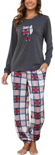 Reliwel Pyjama Femme Coton Ensembles de Pyjama Femme Hiver Chaud Haut Col Rond Manches Longues et Bas de Pyjama à Carreaux Vêtements de Nuit 2 Pièces Confortable Détente