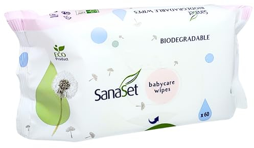 SanaSet Baby Feuchttücher - sanftes Toilettenpapier/Spucktücher mit Aloe Vera, Kamille & Olivenöl für empfindliche Haut - biologisch abbaubar, nachhaltig aus 100% Naturfasern (60 Stk (1er Pack))
