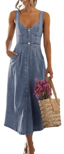 ebossy Stretchy Smocked Denim Dress for Women Sleeveless Babydoll Button Down Midi Long Jean Dresses (L, Light Blue)