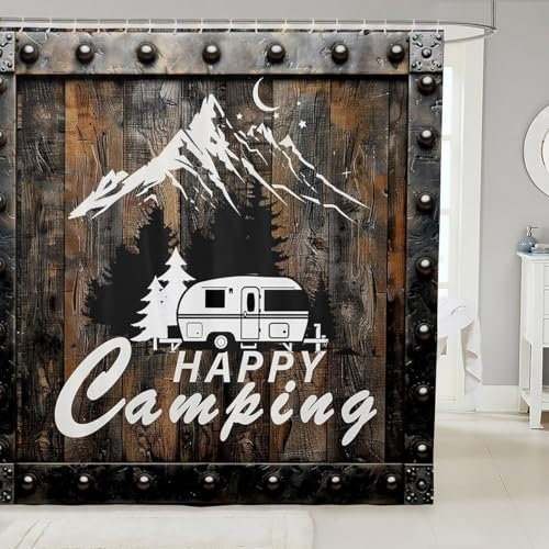Cortina de Ducha Cámping, Cortina Ducha 120x180 cm Furgoneta Camper Vintage de Madera Cortina Baño Tela Impermeable Antimoho con 8 Ganchos A-2431
