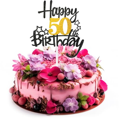 AHQiZFX Happy 50th Birthday Cake Topper, Black Gold Glitter Cheers to 50 Years Birthday Cake Pick 50 Fabulous Cake Decoration for Happy 50th Birthday Anniversary Party Supplies(50th)