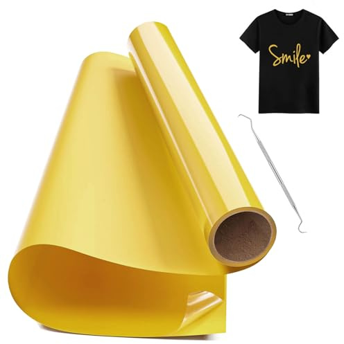 Hengrongshen Rouleau Vinyle Thermocollant pour Tissus Or, 30,5 CM x 150 CM Thermocollant Flex avec Crochet, Flex Thermocollant pour Tissus, Cri-cut et Silhouette Cameo (Or)