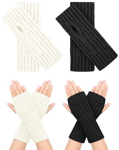MELLIEX 2 Paar Fingerlose Handschuhe, Warm Pulswärmer mit Daumenloch Strick Handstulpen Winter Unisex,Schwarz + Weiß
