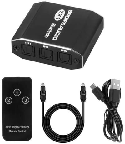 Ziiphon Conmutador SPDIF Toslink Salida, Interruptor Selector Divisor de Audio Óptico Digital 3x1 con Soporte de Control IR DTS AC3