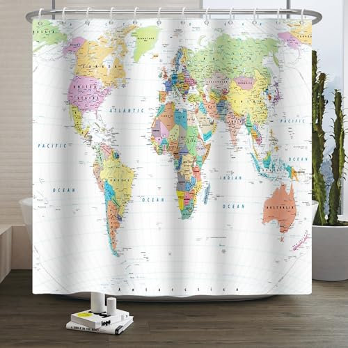 Xiaoterna Weltkarte Duschvorhang Bunte nautische Karte Ozean Badezimmer Vorhang Weißer Küsten Ozean Duschvorhang für Badezimmer Maschine waschbar wasserdichtes Gewebe 180x220cm