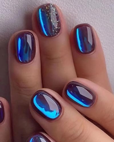 OXDOHUE 24 pezzi di aurora blu unghie finte viola stile bianco con colla, unghie finte nobili adatte per matrimoni e compleanni
