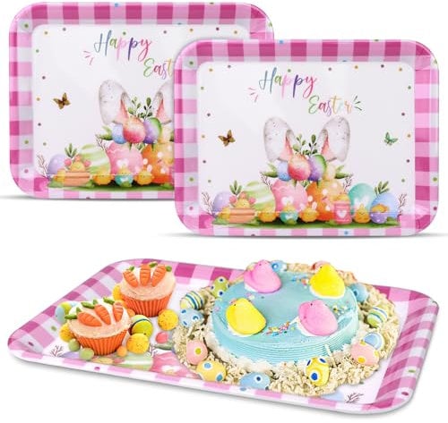 Oster-Serviertabletts mit Hasen-Motiv, 33 x 25 cm, Vintage-Serviertablett, Frühlingsblumen, Kaninchen, Melamin, Snacks, Kekse, Dessertteller, Happy Easter, rechteckige Tabletts für Partyzubehör