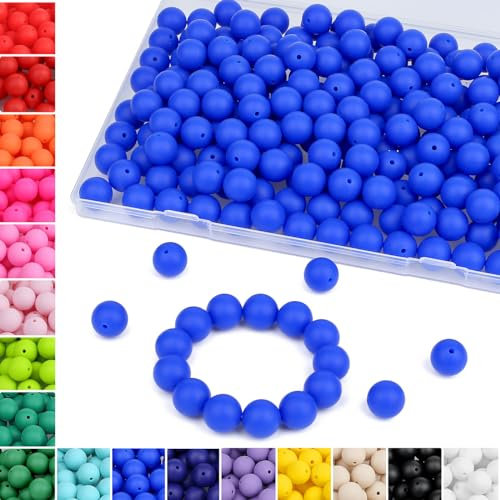 Sahoottie Lot de 70 perles rondes en silicone bleu de 15 mm à enfiler pour bracelets, porte-clés, stylos, bracelets, kit de fabrication de bijoux, perles de bricolage