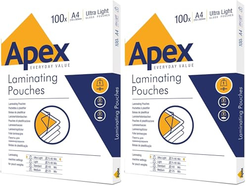Fellowes Apex A4 Laminating Pouches, Glossy Finish, 100 Sheets - Super-Flex - Ideal for Notices and Photos (Pack of 2)