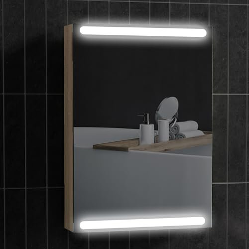 HOMCOM Armoire Murale, Meuble Salle de Bain avec Miroir, Armoire Suspendue avec éclairage LED et étagères en Verre réglables, 50 x 12,5 x 70 cm, Finition Bois Naturel