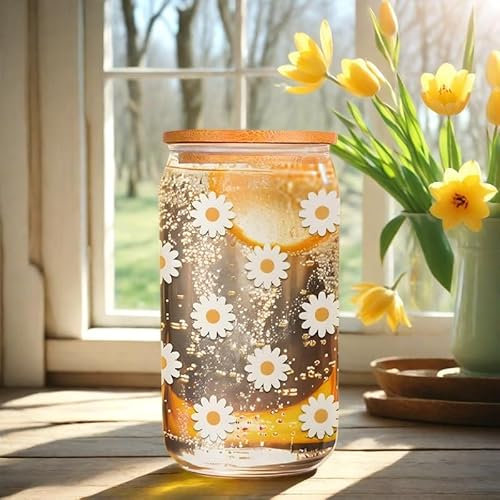 Hebterrka Glass with Lid and Straw, 18 oz Aesthetic Drinking Glass Tumbler, Clean Girl Aesthetic Matcha Glasses, Ideal for Smoothies and Drinks