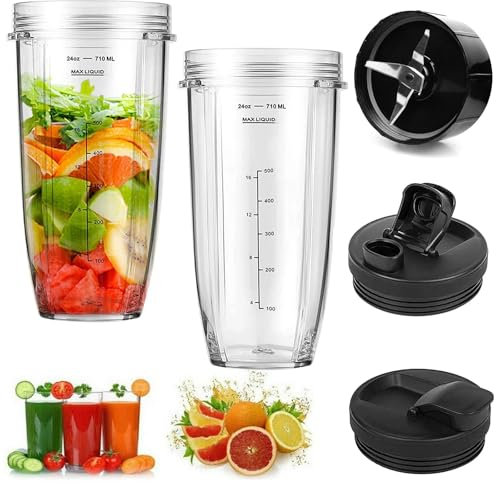 Blender Replacement Parts, 5Pack Includes 2X 24oz Cups & 1x Blade & 2X Spout Lids Compatible with Nutri Ninja Auto IQ Series Blenders BL480 BL482 BL642 BL682 NN102