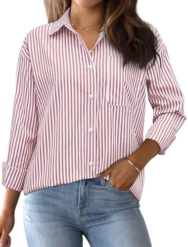 AISEW Chemise boutonnée classique à manches longues avec poche pour femme, Rose poudré rayé, Taille M