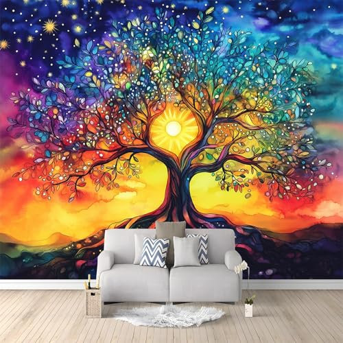 WHUOEUCO Papier Peint Panoramique Arbre De Vie Coloré 400x280 cm Moderne Papier Peint intissé pour Chambre Salon Chambre D'enfants Personnalisé Décoration Murale