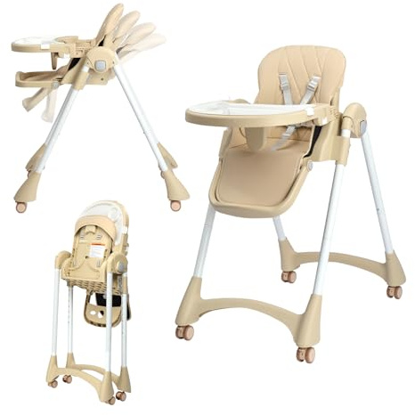 BONNLO Chaise Haute Bébé Évolutive, 6 Mois - 3 Ans (max. 15 kg),Chaise de Nourriture Bebe Pliable, Siege Pliante, Siege d'Appoint Bébé, Avec Plateau, Repose-pieds, Réglable, Naissance (Beige)