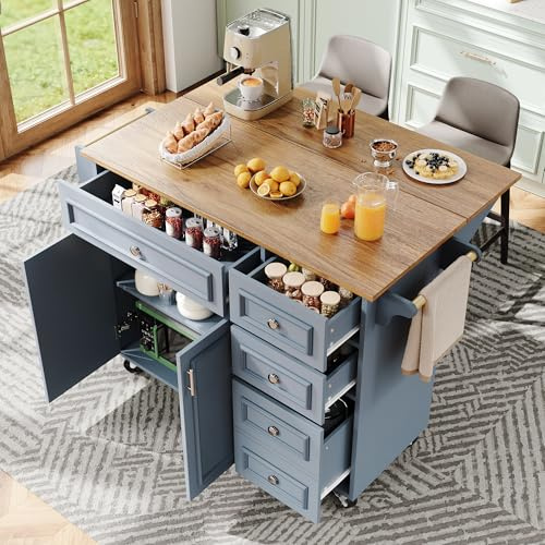 EINHOM Kücheninsel auf Rollen, Küchenschrank mit Ausziehbarer Arbeitsplatte, Küchenwagen mit Handtuchhalter, 5 Schubladen und 2 Türen, 110×45/75×92 cm (Blau)