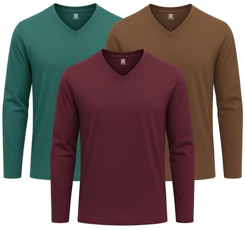 Style Horizon 3 Pack Mens Long Sleeve V Neck T-Shirts, 100% Cotton Casual V-Neck Full Sleeved Tops
