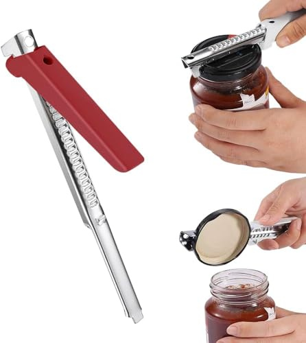 Deckelöffner, Kapselheber, Neue Einstellbarer Multifunktionaler Dosenöffner aus Edelstahl, Flaschenöffner für Senioren, leicht zu öffnender Deckelöffner,Arthritis Glasdeckelöffner (Red)