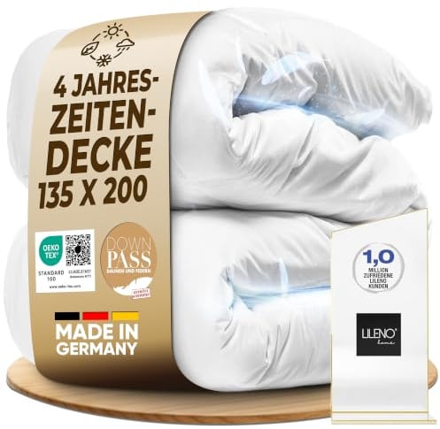 LILENO HOME 4-Jahreszeiten Bettdecke 135x200 (90% Daunen / 10% Federn) – | Flexibles 2-in-1 Knopf–System, Geräuscharm & Wolkenweich – 60 °C Waschbare Daunendecke 135x200 – Made in Germany & Oeko-Tex