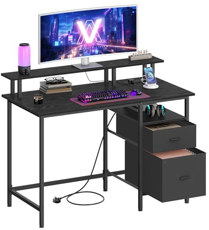 VASAGLE Gaming Desk with Power Strip, Computer Study Desk with Monitor Stand, Table with Storage, Fabric Drawers, 2 USB Ports, for Home Office, 120 x 60 cm, Ebony Black LWD093B02V1