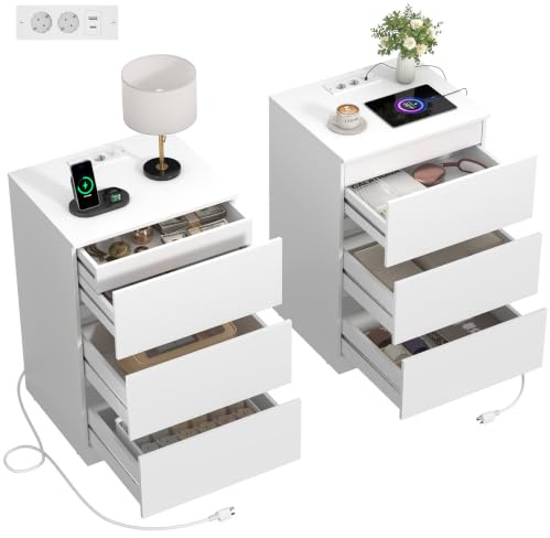 Asgolion Nachttisch 2er Set, Beistelltisch mit Steckdosenleiste, mit versteckter Schublade, 2 AC-Steckdosen, 1 USB-A-Anschluss, 1 USB-C-Anschluss, 4 Schubladen, modern,Weiß EU25NS662W