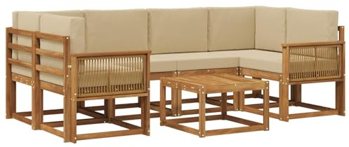 vidaXL Outdoor-Sofagarnitur mit Kissen 7 pcs Natur und Beige Polyester, Garten-Lounge, modernes Outdoor-Sofa, gemütliche Sitzecke für Pool, entspannende Holz-Patio-Ausstattung