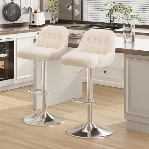 MALOL 360° Drehbarer Höhenverstellbarer Barhocker, Bar Hocker 2er Set mit Rückenlehne, Moderner Küchenhocker mit Metallfuß für Theke, Esszimmer, Barstuhl mit Kombination aus Leder und Bouclé, Beige