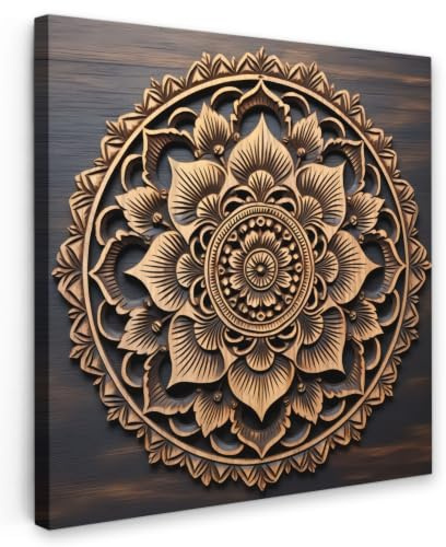 OnlyWow© Gartenbilder 50x50 cm Wetterfeste Leinwand Outdoor Bild Terrasse Deko Balkon Wetterfest Gartenposter Foto Geschenk Draußen Mandala - Holz - Blumen - Braun