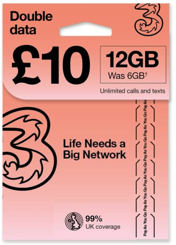 PrePaid Europe (UK THREE) sim card 12GB data+3000 minutes+3000 texts for 30 days with FREE ROAMING / USE in 71 destinations including all European countries