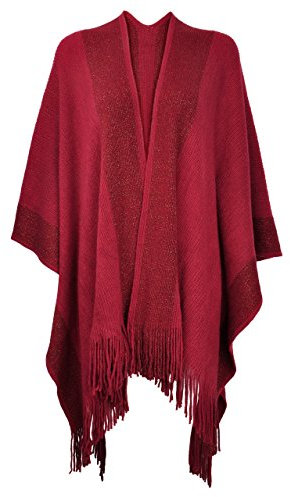 ZLYC Damen Weiche Schlichte Poncho Capes Retro Cardigans Pullover, Einheitsgröße, Dunkelrot
