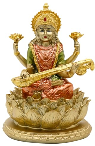 alikiki 16 cm H Sarswati sitzend auf Lotus-Figuren in antikem Gold, Hindu-Gott Staute für Meditation, Altar, Indu-Golde und Göttinnen, indisches Saraswati-Idol Diwali-Geschenke/Inidian-Tempel/Mandir