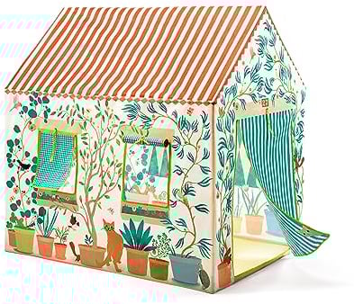 DJECO Maison de Jeu Enfant - Cabane Intérieure Spacieuse, Légère, Multicolore - Montage/Démontage Facile - 1 Toile, 3 Fenêtres, 1 Porte, Armatures Plastique, Boîte Rangement, 100x105x73cm