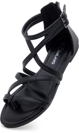 Shoe Land Gladiator Sandals for Women – Strappy Flat Sandals with Ankle Strap & Back Zipper | Fisherman Thong Strappy Style for Walking, & Daily Wear | Trendy 2025 Summer, Black, Size 7.5, SL-Monaco