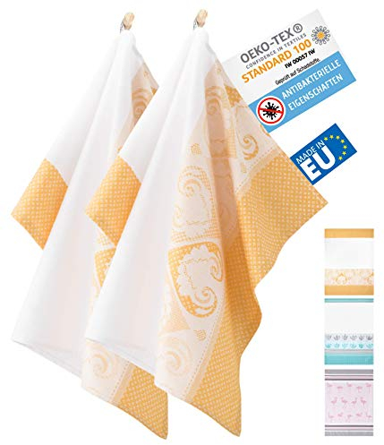 ZWOLTEX Antimikrobiale Jacquard Geschirrtücher aus Ägyptischer Baumwolle und Bambus I Made IN EU I Oeko-TEX 100 I Gewebte Küchentücher - 2X Geschirrhandtücher mit Motiv Orientalisch Senf-Gelb