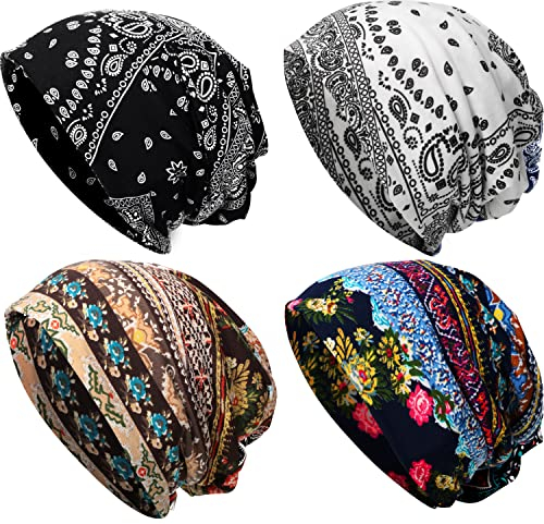 SATINIOR 4 Stücke Mützen Kopfbedeckung Schädel Mützen Faul Mützen Strickmütze Schal für Frauen (Schwarz, Blau, Weiß, Braun)