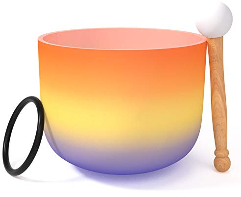 440 Hz 20 cm givré Perfect Pitch Cœur Chakra Bol chantant en cristal Quartz Bol chantant avec joint torique et de nouveaux Cristal Maillet (20 CM, Orange arc-en-ciel)
