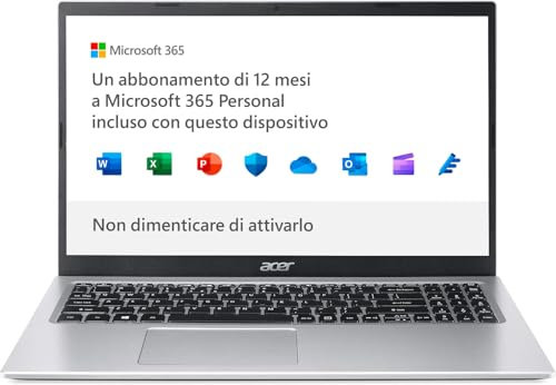 Acer Aspire 1 A115-32-C56R PC Portatile, Notebook, Processore Intel Celeron N4500, RAM 4 GB DDR4, 128 GB eMMC, Display 15.6 FHD LED LCD, Intel UHD, Microsoft 365, Windows 11 Home in S mode, Silver