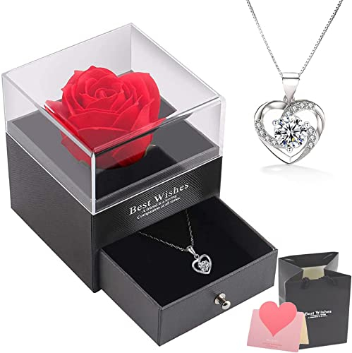 Handgefertigte konservierte Rosen schmuck-Geschenk Box mit Splitter Halskette für sie, Infinity Rosen, Muttertag, Weihnachten, Jahrestag, Valentinstag, Hochzeitstag Geschenke für Sie Freundin Frauen