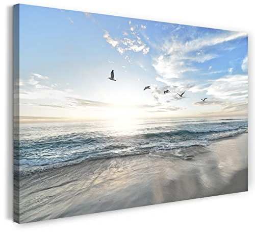 Printistico Leinwandbild (100x70cm) Meer, Möwen Vögel Natur Sonne, kühle Farbe, Natur-Fotos, echter Holz-Keilrahmen inkl. Aufhänger, handgefertigt in Deutschland