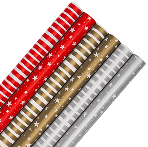 Hallmark Geschenkpapier Weihnachten 6 Stück Geschenkpapier je 3M 2 Festliche Motive Sterne Streifen Rot Gold Silber