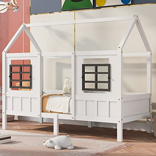 Merax Schlafsofa, Holzwerkstoff, Weiß & Grau-2 Fenstern, 90 x 200 cm
