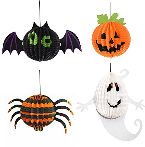 Halloween Laterne mit LED Teelichter, Gobesty 4 Stück Halloween Lampions Papierlaterne Dekoration, Faltbar Lampenschirm Lampions, Wabenbälle Laterne Halloween Windlicht für Halloween Party Dekoration