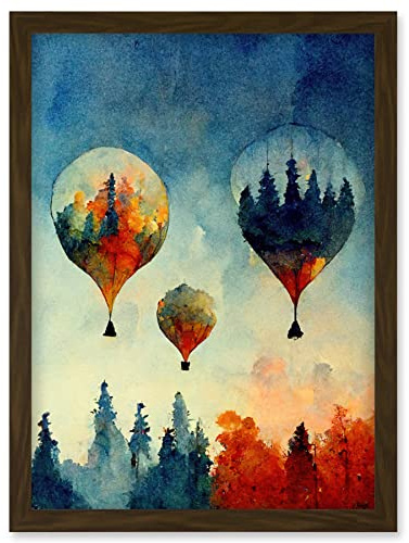 Doppelganger33 LTD Forest Reflections On Hot Air Balloons Watercolour Artwork Framed Wall Art Print A4
