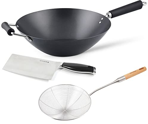 Ken Hom großer Antihaft Wok Induktion 35 cm aus Karbonstahl mit Phenolharz-Griff - 3-tlg. Wokpfannen Set mit Schaumlöffel & Hackmesser