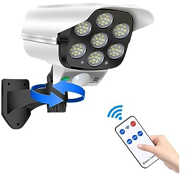 Solarlampen für Außen Bewegungssensor Kamera Attrappe Außenbereich, LED Solarstrahler mit Bewegungsmelder Außen, Leistungsstarke LED Lampe Batteriebetriebe als Einbruchsschutz, IP65 Wasserdicht
