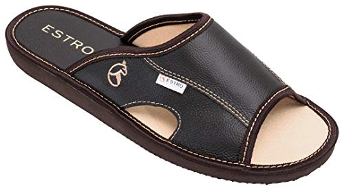 ESTRO Hausschuhe Herren Leder Herrenhausschuhe - Hausschuh Männer Pantoffel Pantoffeln Pantoletten Slipper Mann Verano (44 EU, Kakao)