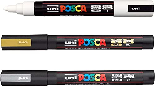 Posca PC-5M Paint Marker Art Pens - 1.8-2.5mm Nib - White, Silver & Gold Ink - Pack of 3