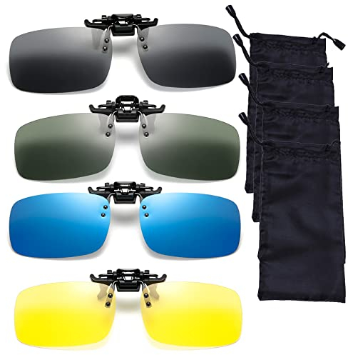 Bustlwor 4 Stück Polarisationsbrille Clip Herren Dame(Gelb+Blau+Grün+Grau),4 Stück Polyester Brillen Tasche,Polarisierte Brille Clip,Passend auf Brillen der meisten Größen
